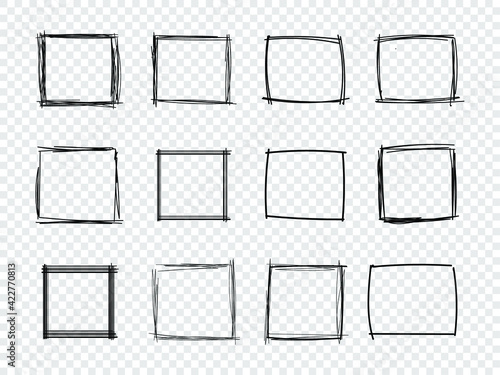 Vector Drawn Scribble Square Frames Isolated on Light Transparent Background, Design Elements Set, Hand Drawn Illustration.