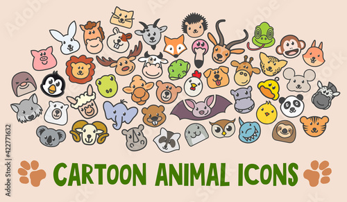 Funny collection of animals and birds vector icons. Zoo website avatars. Mammal head cute stickers set. Can be used as a logo or mascot .