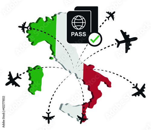 Safe travel concept. Passport symbol with italy flag and map. travel and vacation concept.
