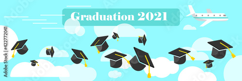 Graduating students or pupil hands in gown throwing graduation caps in the air, flying academic hats, throw mortar boards in the sky flat vector illustration. Airplane and cloud