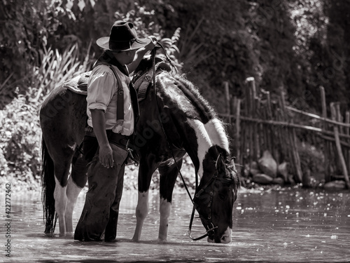 Obraz na plátně Senior cowboys resting with horses and stood to bathe in the river