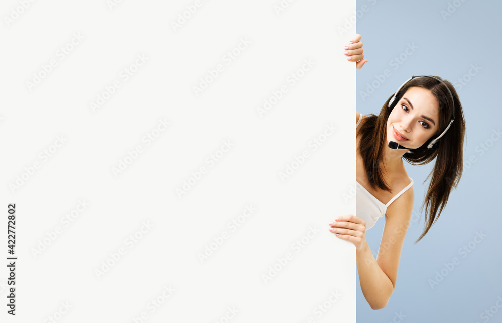Call Center Service. Customer support or sales agent. Caller or receptionist phone operator showing empty banner with copy space area. Helping, answering, consulting. Grey color background. Call Center Service. Customer support or sales agent. Caller or receptionist phone operator showing empty banner with copy space area. Helping, answering, consulting. Grey color background.