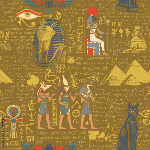 Vector seamless pattern on the theme of Ancient Egypt with color images of Egyptian gods and handwritten text lorem ipsum. Abstract background in retro style. Wallpaper, wrapping paper, fabric