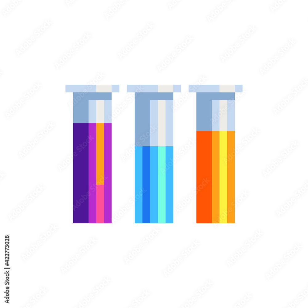 Chemical flasks pixel art icons set. Glass flask. Test-tube and vial chemical technology symbol. 8-bit style. Isolated vector illustration. Chemical flasks pixel art icons set. Glass flask. Test-tube and vial chemical technology symbol. 8-bit style. Isolated vector illustration.