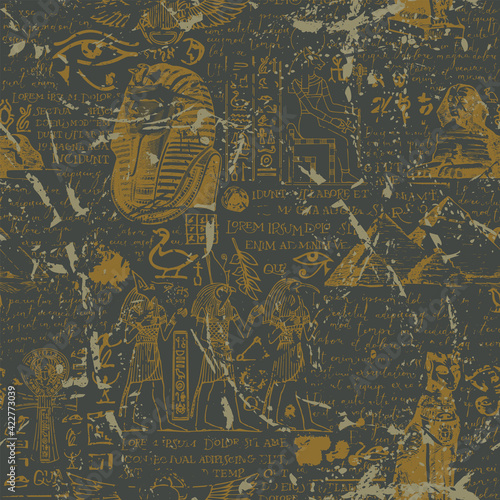 Abstract seamless pattern on the theme of Ancient Egypt with Egyptian gods and handwritten text lorem ipsum on a dark backdrop. Vector background, wallpaper, wrapping paper, textiles in grunge style