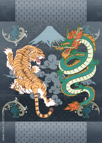 Japanese Graphic Green Dragon Orange Fur Flying with Crawling Tiger with Clouds Elements and Fuji Apex on the Bush Repeat Pattern Background and Water Splash Icons at the corner of the Scroll Vector