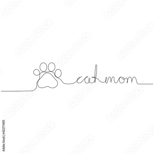 Continuous one line drawing of cat paw and handwritten text Cat Mom. Minimalist art.