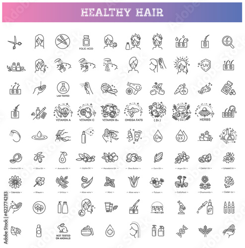 Hair treatment line icon set. Hair strengthening and growth