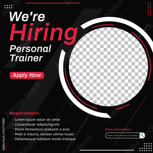 Hiring recruitment design for social media post template. Job vacancy for fitness instructor. Creative announcement flyer vector illustration