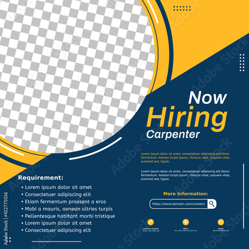 Hiring recruitment design for social media post template. Job vacancy for carpenter. Creative announcement flyer on blue and yellow color