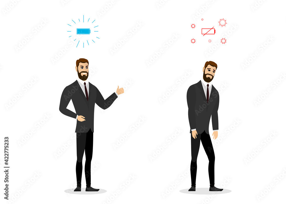 Happy and sad boring businessman comparison. Business man professional burnout syndrome. Exhausted sick tired male manager walking. Frustrated worker mental health problems. Long work illustration Happy and sad boring businessman comparison. Business man professional burnout syndrome. Exhausted sick tired male manager walking. Frustrated worker mental health problems. Long work illustration