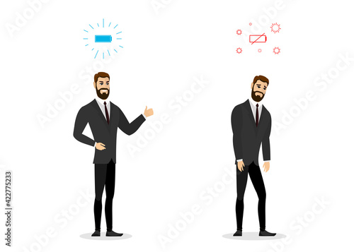 Happy and sad boring businessman comparison. Business man professional burnout syndrome. Exhausted sick tired male manager walking. Frustrated worker mental health problems. Long work illustration