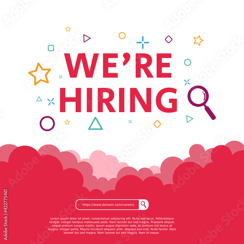Hiring recruitment design for social media post template. Job vacancy creative announcement flyer with a cloud concept on pink or red color