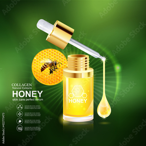 Honey Gold Serum Collagen and Vitamin Background Concept. Vector for Skin Care Cosmetic Products.