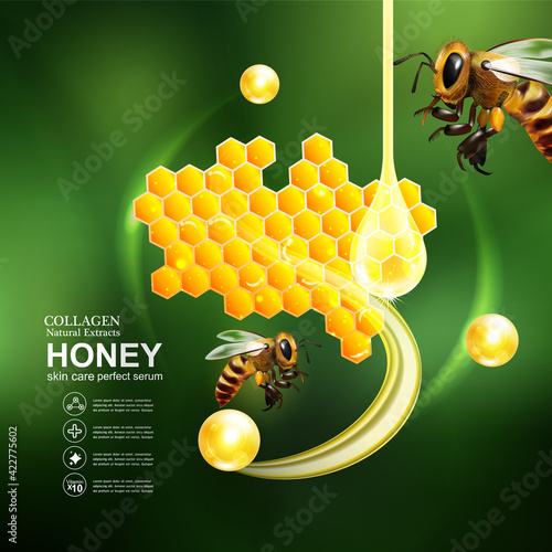 Honey Gold Serum Collagen and Vitamin Background Concept. Vector for Skin Care Cosmetic Products.