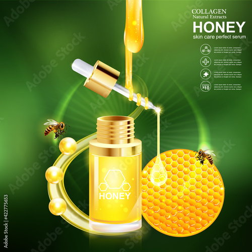 Honey Gold Serum Collagen and Vitamin Background Concept. Vector for Skin Care Cosmetic Products.