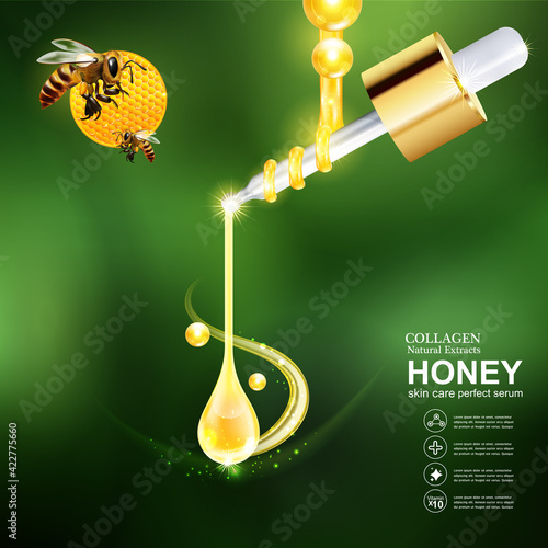 Honey Gold Serum Collagen and Vitamin Background Concept. Vector for Skin Care Cosmetic Products.
