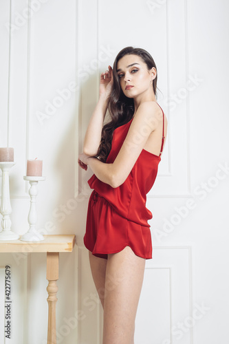 Beautiful young sensual woman wearing sleep underwear at home