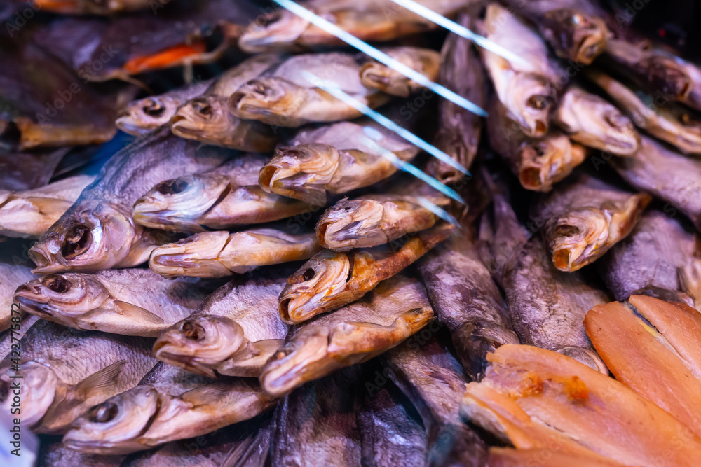 dried fish chekhon on the counter of the store dried fish chekhon on the counter of the store