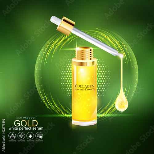 Honey Gold Serum Collagen and Vitamin Background Concept. Vector for Skin Care Cosmetic Products.