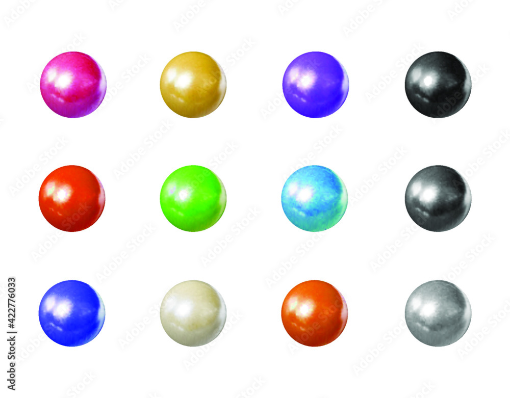 Vector Set  of Photo Realistic Shiny Pearls, Candy Colors and Monochrome Balls, Isolated on White Background  3D Objects.

