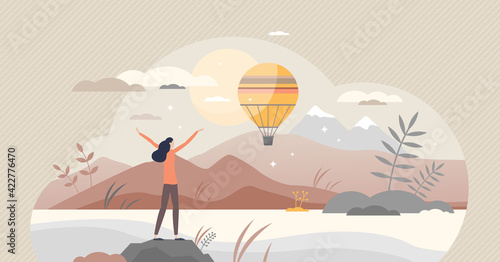 Inspiration and motivation scene with beautiful nature tiny person concept