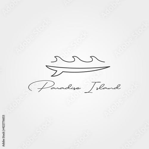 surfboard and wave line icon logo vector minimal illustration design