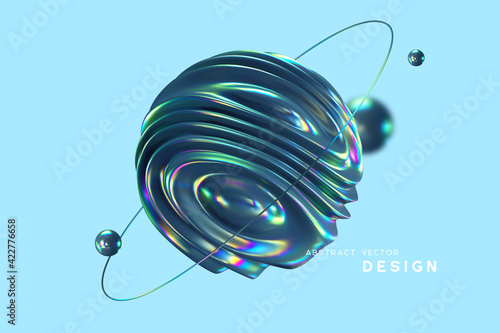 3d wavy fluorescent sphere arounded ring and balls. Abstract shapes with thin film effect. Liquid multicolor background, iridescent glossy waves. Vector illustration.