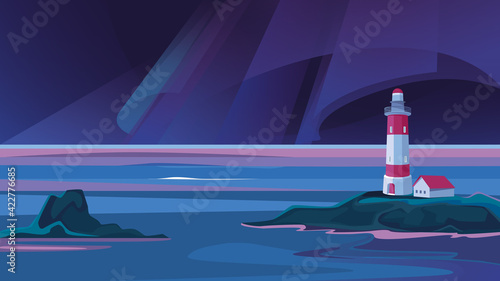 Landscape with lighthouse in the night. Beautiful seascape with northern lights.