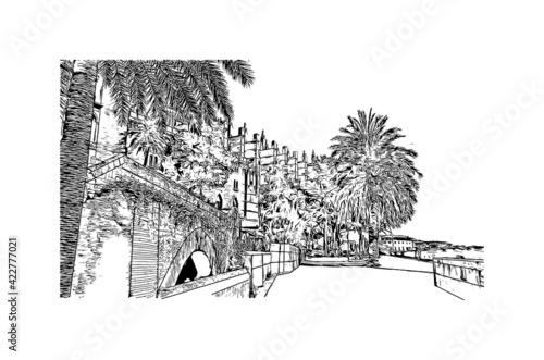 Building view with landmark of Palma is the 
city in Spain. Hand drawn sketch illustration in vector.