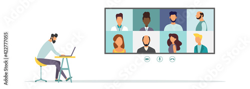 Online Virtual Meetings. Work from Home WFH During Coronavirus COVID-19 Pandemic Outbreak. Teleconference TV. Video Conference Webinars or Remote Working. Vector.