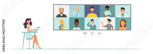 Online Virtual Meetings. Work from Home WFH During Coronavirus COVID-19 Pandemic Outbreak. Teleconference TV. Video Conference Webinars or Remote Working. Vector.