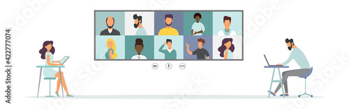 Online Virtual Meetings. Work from Home WFH During Coronavirus COVID-19 Pandemic Outbreak. Teleconference TV. Video Conference Webinars or Remote Working. Vector.