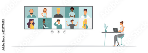 Online Virtual Meetings. Work from Home WFH During Coronavirus COVID-19 Pandemic Outbreak. Teleconference TV. Video Conference Webinars or Remote Working. Vector.