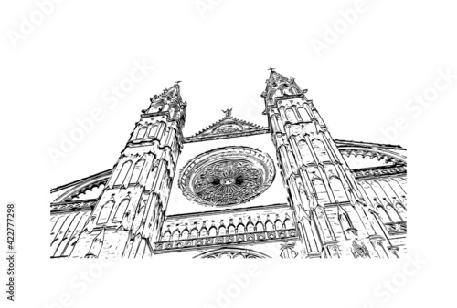 Building view with landmark of Palma is the 
city in Spain. Hand drawn sketch illustration in vector.
