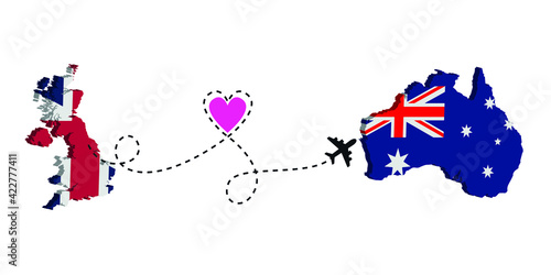 Travel from United Kingdom to Australia by passenger plane. Airplane route. Freedom to travel. I love traveling by plane.