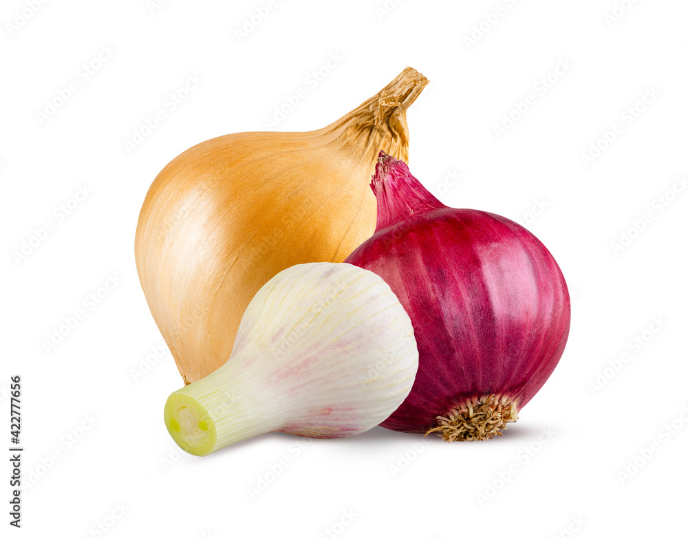 Fototapeta premium Culinary concept. Onion, onion and new fresh garlic isolated on white. High detail, excellent retouching