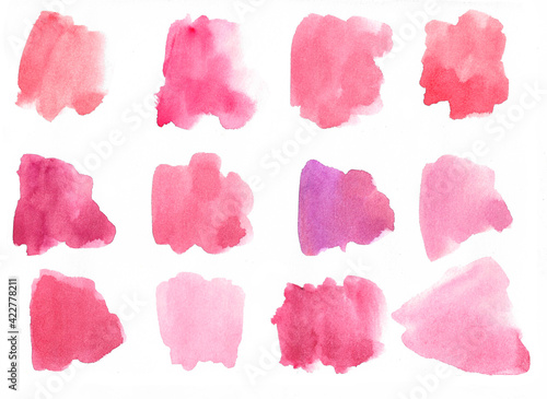 Abstract aquarelle pink and red shades of shape on a white background. Color splashes drawn by watercolor.