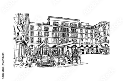 Building view with landmark of Palma is the 
city in Spain. Hand drawn sketch illustration in vector.