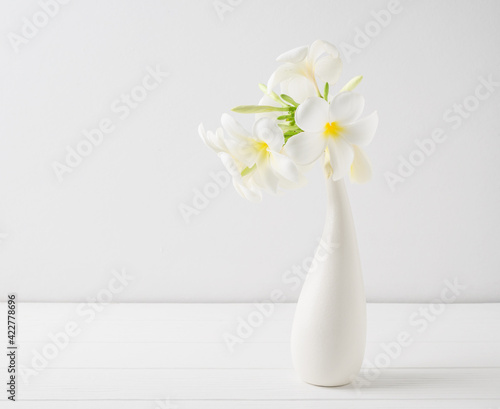 Beautiful Frangipani spa flower in modern ceramic white vase on wooden table white wall background