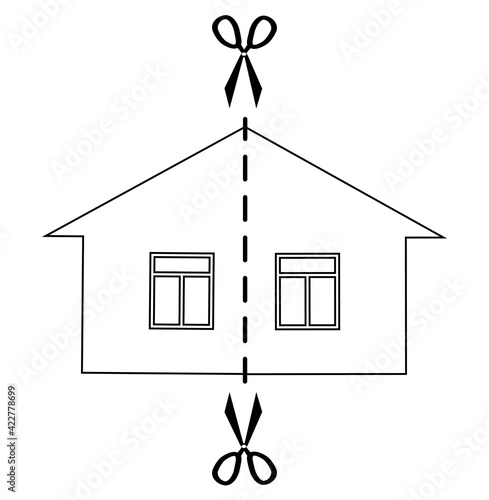 Concept of divorce and division of property. Black monochrome vector illustration house cut in half.