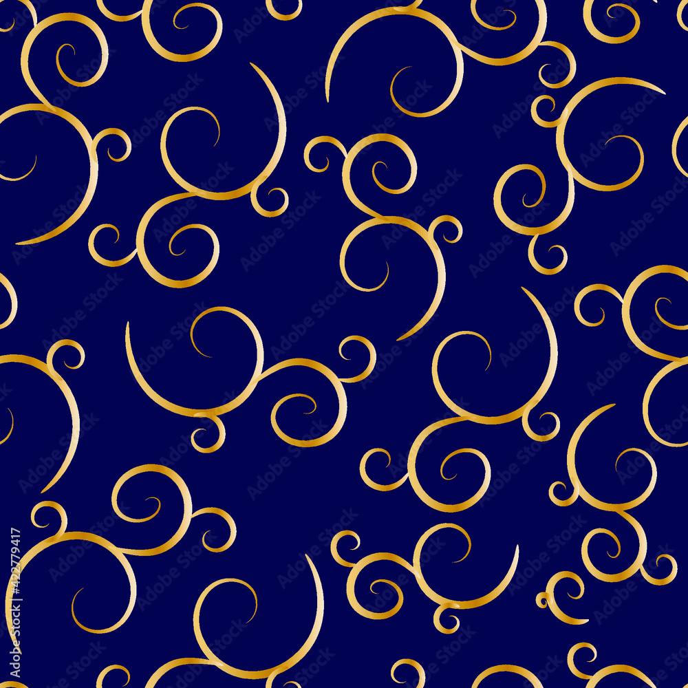 Seamless gold and dark blue background. Pattern of spirals. Vector design. Seamless gold and dark blue background. Pattern of spirals. Vector design.