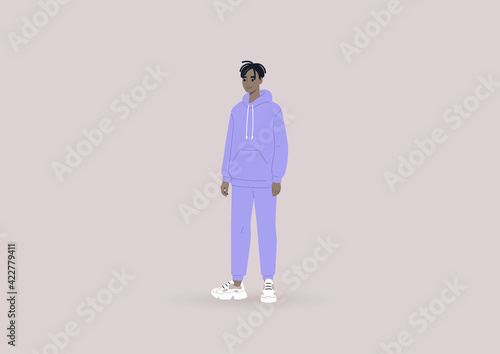 Quarantine fashion, a young male Black character wearing oversize sportswear, a hoodie and a pair of sweatpants of the same color, modern urban lifestyle