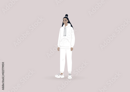 Quarantine fashion, a young female Asian character wearing oversize sportswear, a hoodie and a pair of sweatpants of the same color, modern urban lifestyle