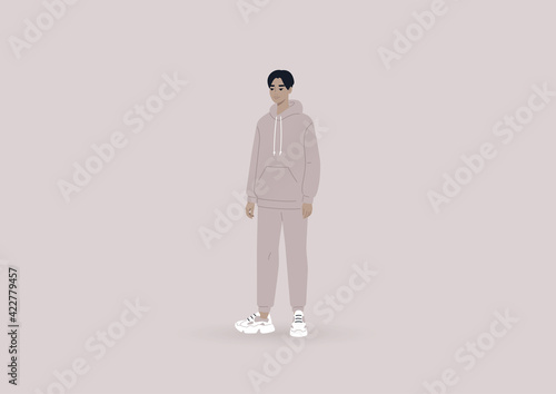 Quarantine fashion, a young male Asian character wearing oversize sportswear, a hoodie and a pair of sweatpants of the same color, modern urban lifestyle