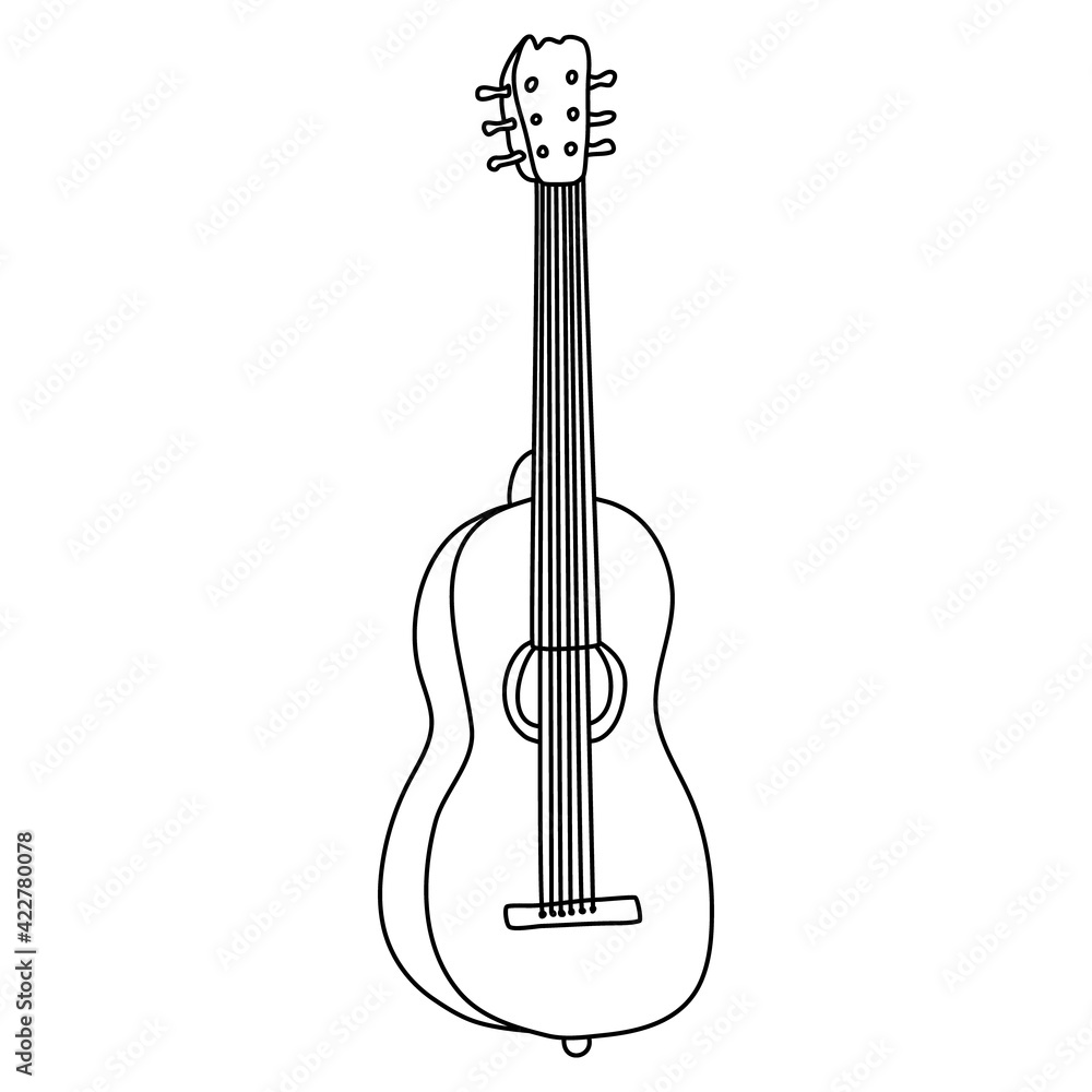 Six-string acoustic guitar. Hand drawn vector illustration in doodle style on white background. Isolated black outline. Stringed musical instrument.