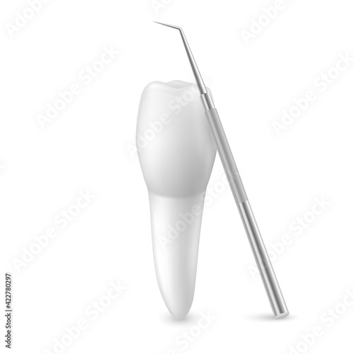 Vector 3d Realistic Tooth and Dental Probe for Teeth Closeup Isolated on White Background. Medical Dentist Tool. Design Template, Clipart, Mockup. Dentistry, Healthcare, Hygiene Concept