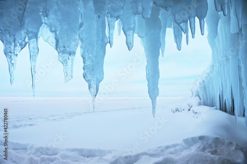 View from frozen grotto to the winter Baikal lake