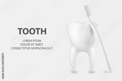 Vector 3d Realistic Toothbrush and Tooth Closeup Isolated on White Background. Medical Dentist Illustration. Design Template, Clipart, Mockup. Dental Health Concept
