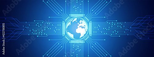 Abstract Digital Global Technology Background, blue circuit board pattern, microchip, power line